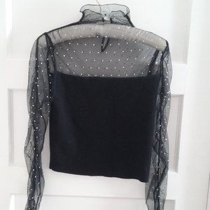 Forever 21 Black Ribbed Knit Pullover Top w/ Mesh Rhinestone Decollete and Arms